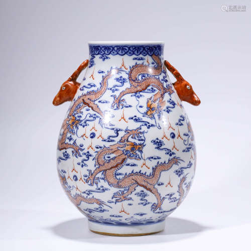 A Blue&white Iron Red Dragon Pattern Porcelain Double Deer E...