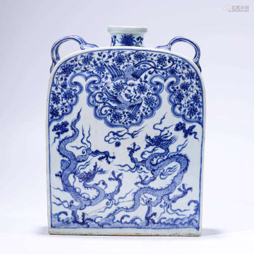 A Blue&white Dragon&Phoenix Pattern Porcelain Four-ears Squa...