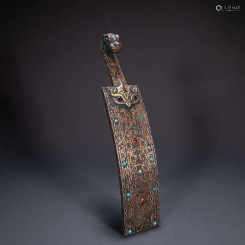 CHINESE HAN DYNASTY BRONZE BELT HOOK INLAID WITH GOLD AND GE...