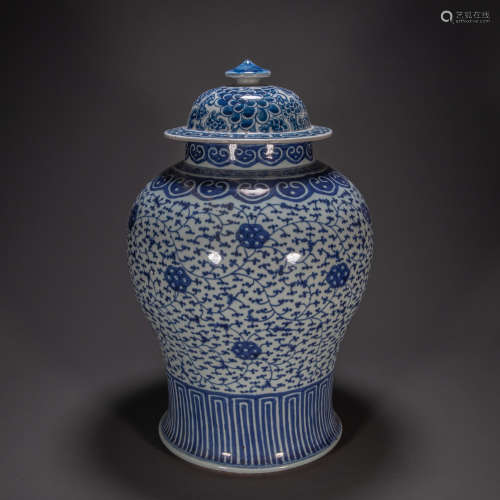 CHINESE QING DYNASTY BLUE AND WHITE GENERAL JAR