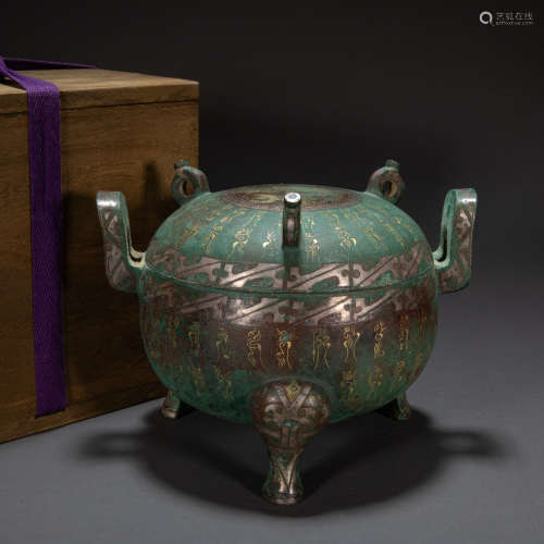CHINESE HAN DYNASTY BRONZE DING INLAID WITH GOLD