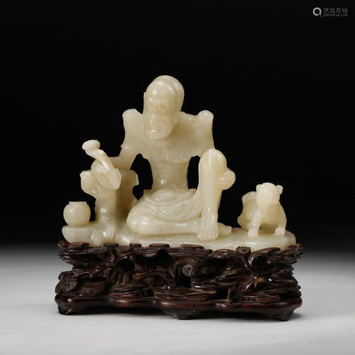 White Jade Carved Lohan On Stand