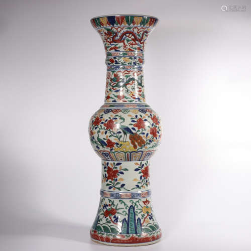 A Wucai Porcelain Gu Vase, Marked