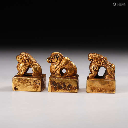 Set Of 3 Gilt Bronze Beast Seals