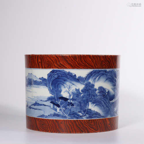 A Blue White Wood Grain Pattern Brush Pot