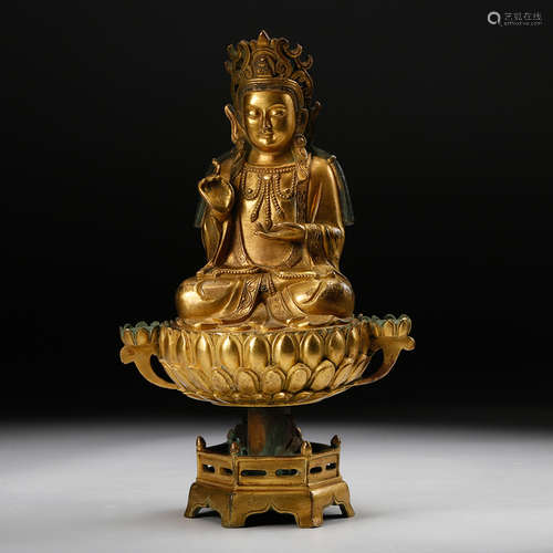 A Gilt Bronze Guanyin On Lotus