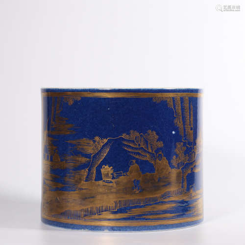 A Gilt Blue Glazed Porcelain Brush Pot