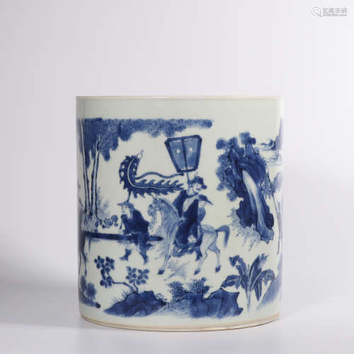 A Blue White Figural Porcelain Brush Pot