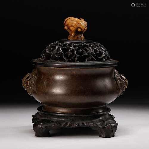 A Chinese Bronze Censer With Cover And Stand