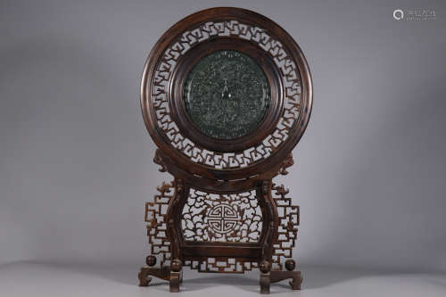 A Zitan Wood Spinach Jade Table Screen