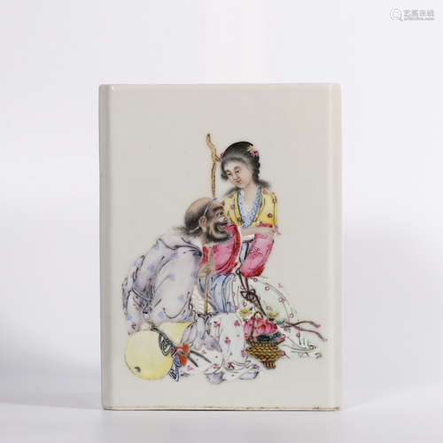 Famille Rose Figural Porcelain Brush Pot, Marked