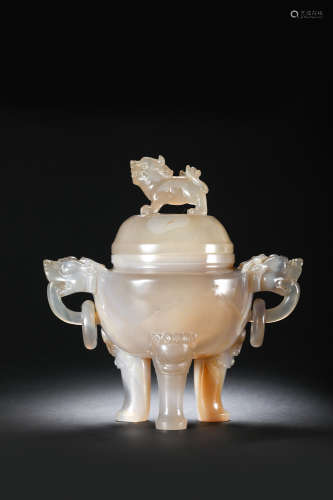 An Agate Carved Tripod Foolion Censer