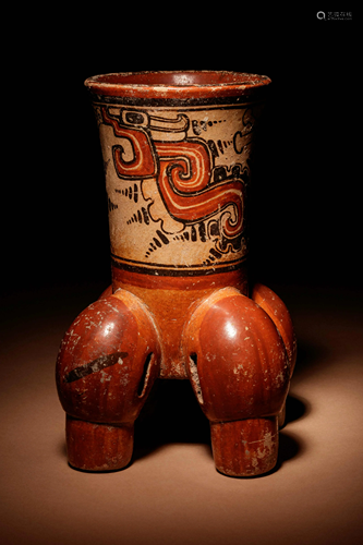 A Maya Polychrome Vessel with Rattle Feet Height 9 1/2