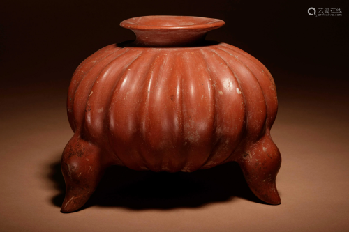 A Colima Terracotta Gadrooned Tripod Vessel Width 9 1/2