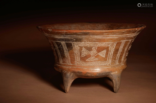A Pre-Columbian Terracotta Footed Bowl with Incised