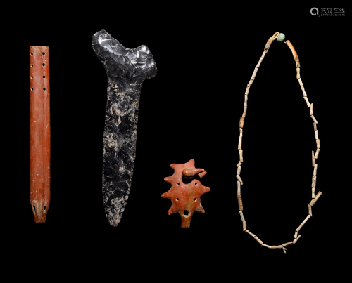 A Group of Four Pre-Columbian Articles: Whistle, Flute,