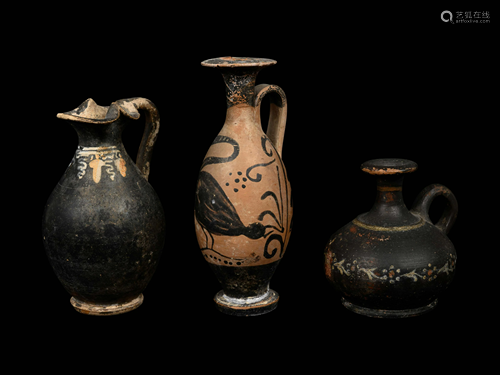 Three Greek Pottery Vessels Height of tallest 6 inches.