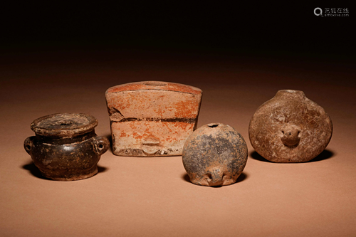 A Group of Four Maya Terracotta Vessels Height of