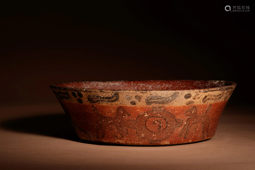 A Maya Polychrome Terracotta Bowl with Glyphs Height 3