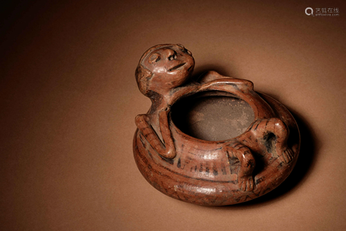 A Narino Terracotta Vessel of a Lying Man Width 4 1/2