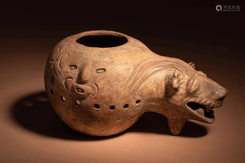 A Nicoya Terracotta Jaguar Effigy Vessel Width 11