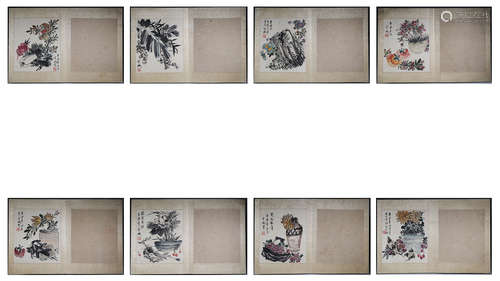 Ink and wash painting of the Qing Dynasty, 8 open, paper alb...