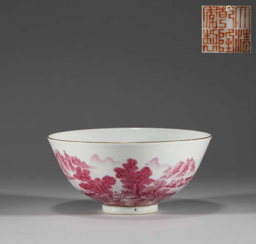 Red ink color landscape bowl in Qing Dynasty清代紅墨彩山水碗