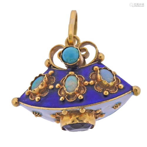 Antique 18k Gold Enamel Opal Turquoise Amethyst Charm