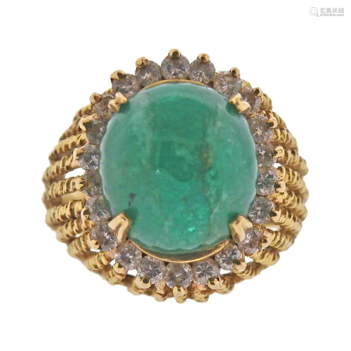 1960s 18k Gold Emerald Cabochon Diamond Ring