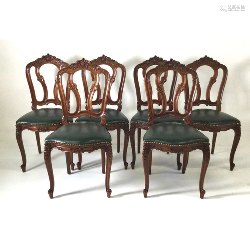 Set of Six Carved French Style Walnut Chairs with Green