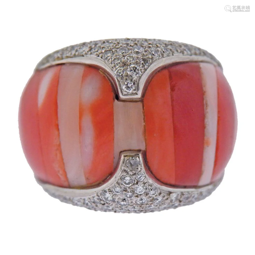 18k Gold Inlay Coral Diamond Ring