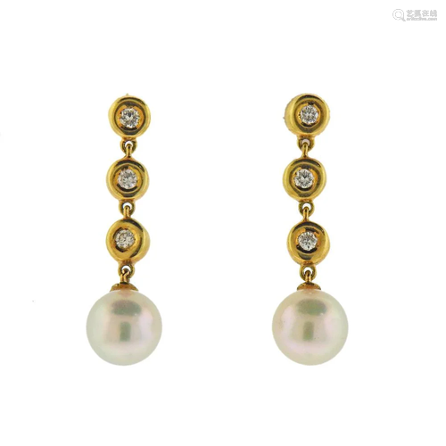 18k Gold Pearl Diamond Drop Earrings