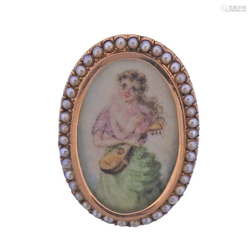 Antique 14k Gold Seed Pearl Miniature Portrait Brooch