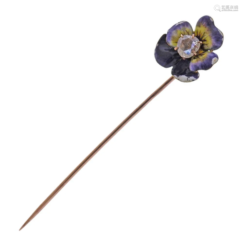 Antique 18k Gold Diamond Enamel Pansy Flower Stick Pin