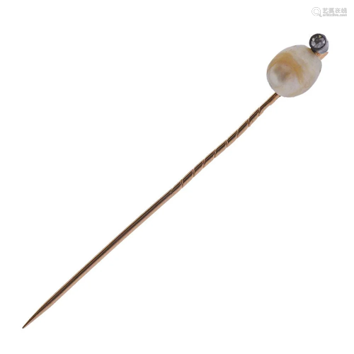 Antique Russian 14k Gold Pearl Diamond Stick Pin