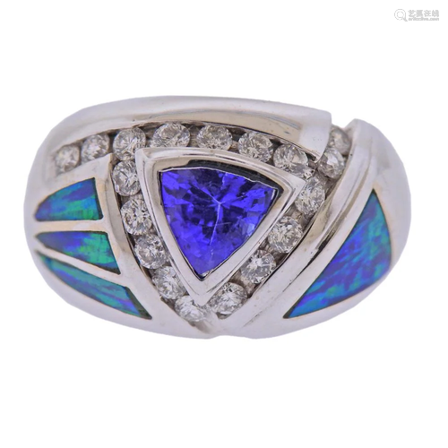 14k Gold Inlay Opal Tanzanite Diamond Ring