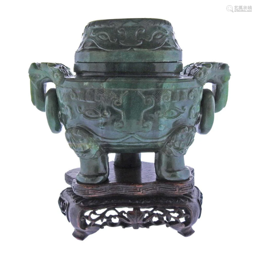 Carved Jade Sculpture Box With Wood Stand