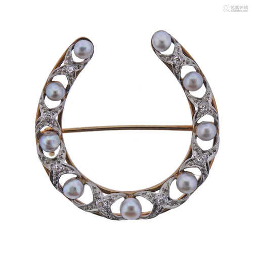 Antique 14k Gold Diamond Pearl Horseshoe Ring Brooch