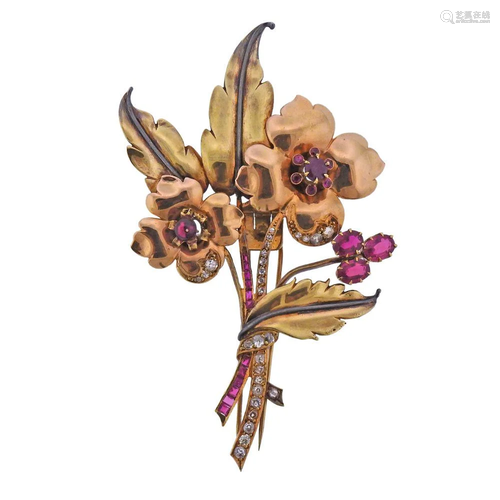 Retro 18k Gold Diamond Ruby Flower Brooch Pin