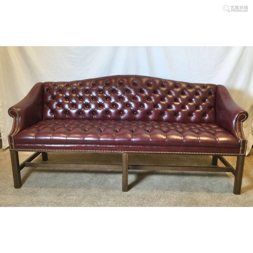 Tufted Burgundy Leather Sofa with Brass Nailheads