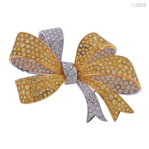 Large 28k Gold 22ctw Yellow White Diamond Bow Brooch