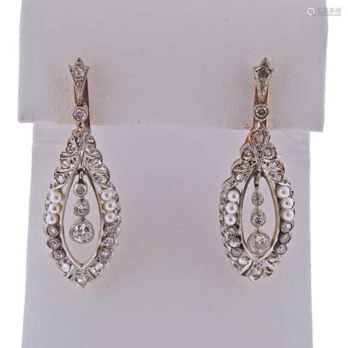 Antique 14k Gold Diamond Pearl Drop Earrings