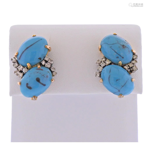 1960s 18k Gold Diamond Turquoise Earrings