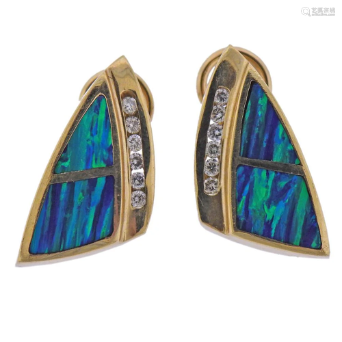 14k Gold Inlay Black Opal Diamond Earrings