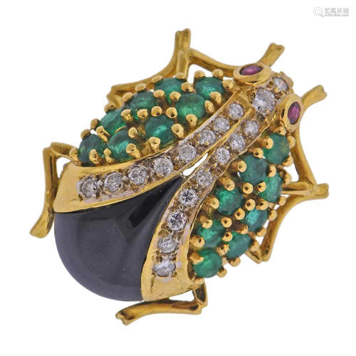 18k Gold Diamond Emerald Onyx Bug Insect Pin Brooch