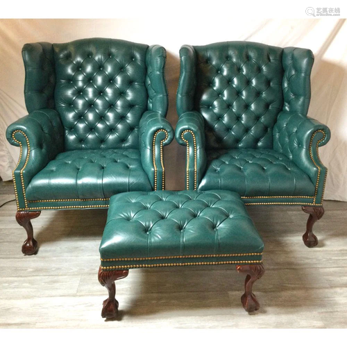 Pair of Teal Leather Tufted Wing Chairs with Ottoman by