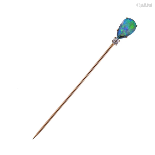 Antique 14k Gold Black Opal Diamond Stick Pin