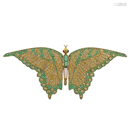 Demner Large 18k Gold Diamond Emerald Butterfly Brooch