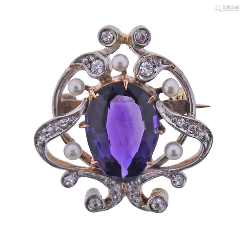 Antique 14k Gold Platinum Diamond Pearl Amethyst Brooch