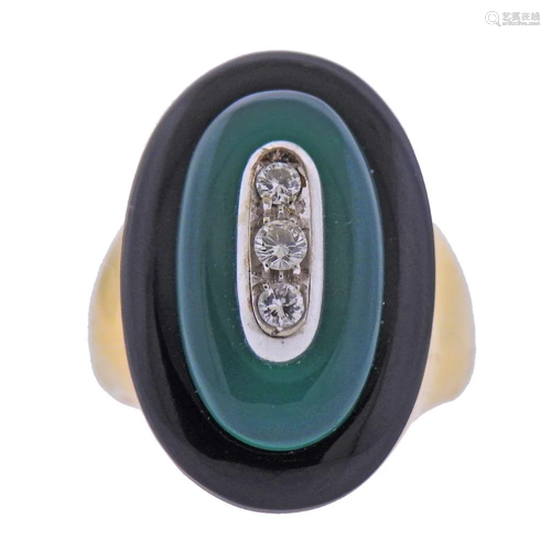 1970s Chrysoprase Onyx Diamond 14k Gold Ring